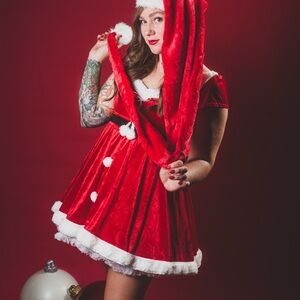 Chic Red Holiday Dress with White Accents